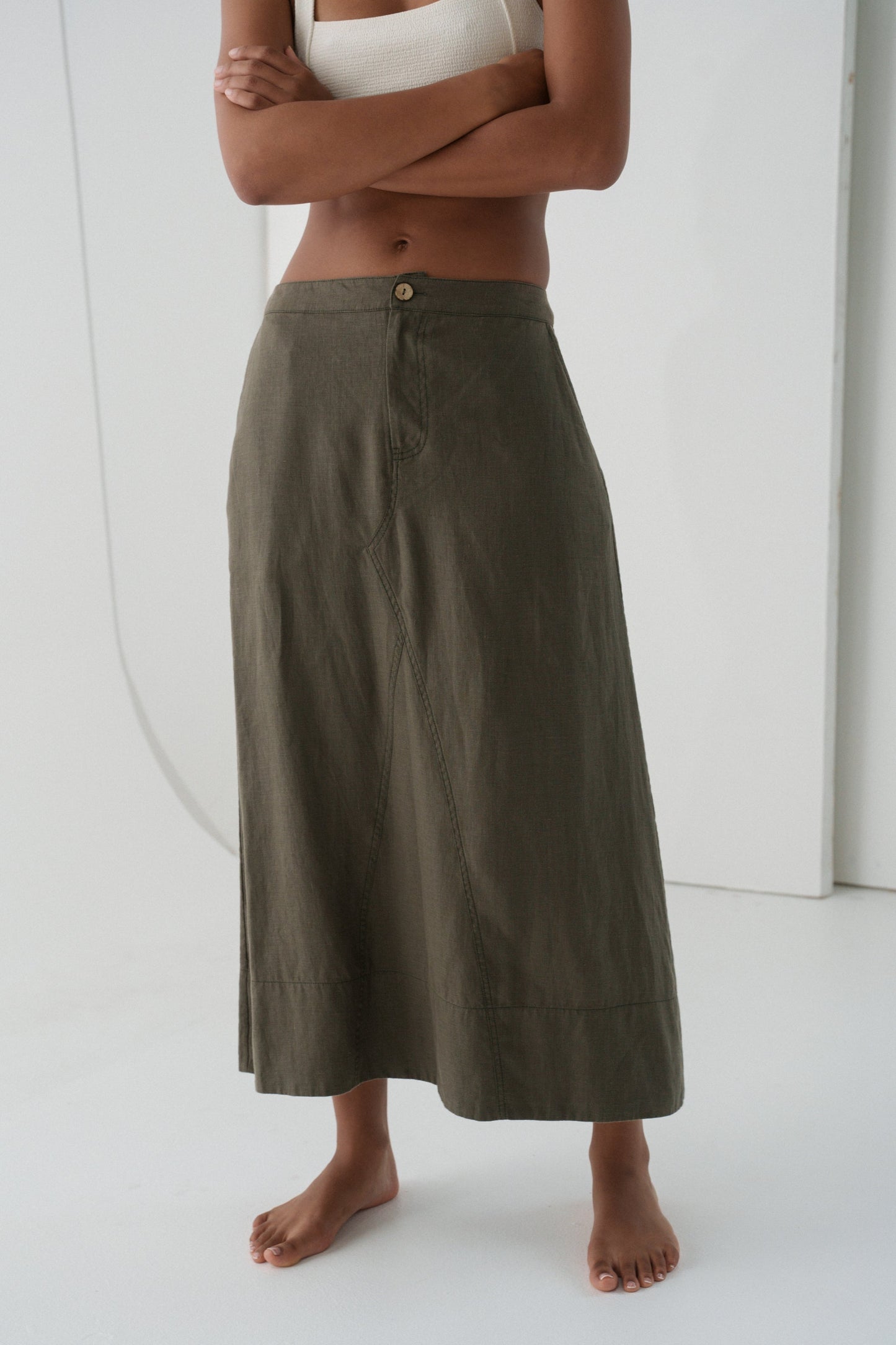 Gia Khaki Linen Skirt
