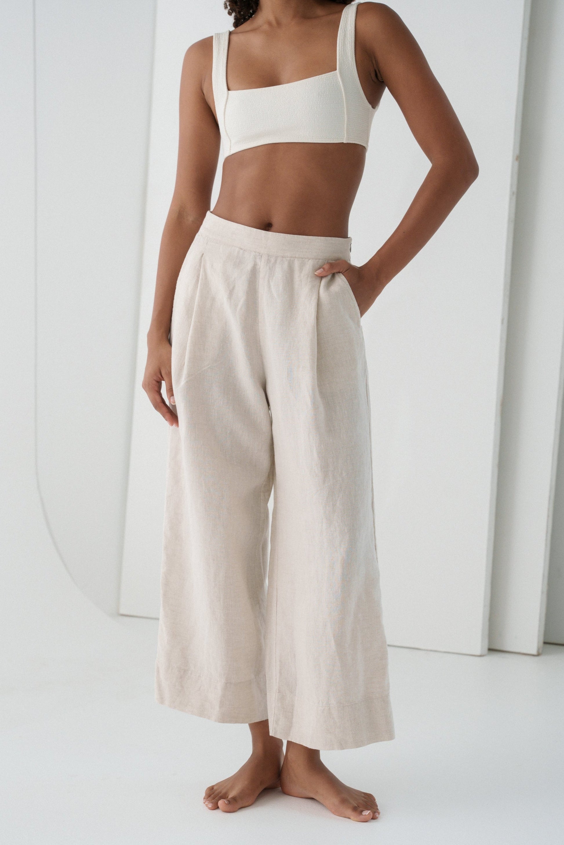 Ivy Oatmeal Linen Crop Pants