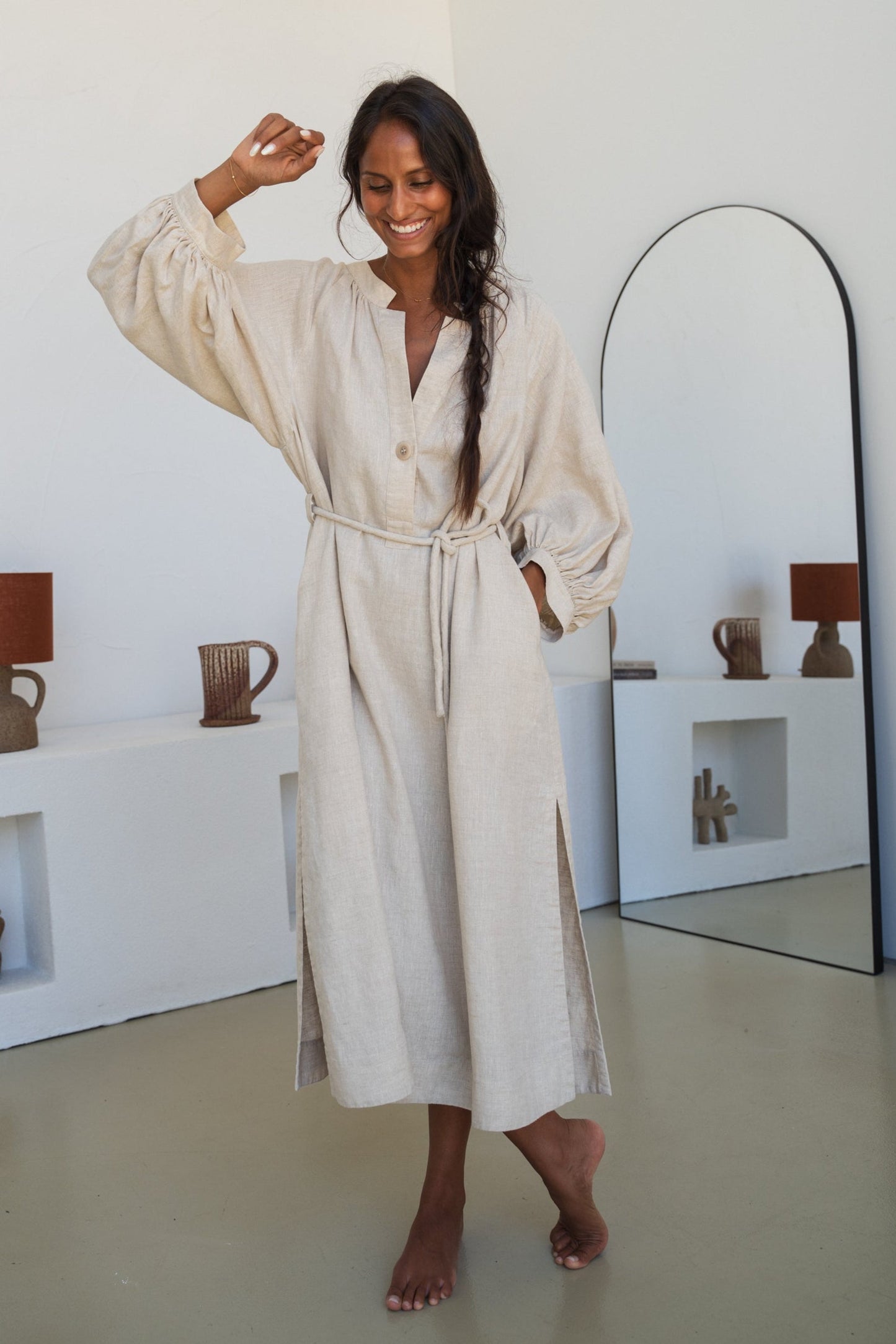 Mae Oatmeal Linen Dress