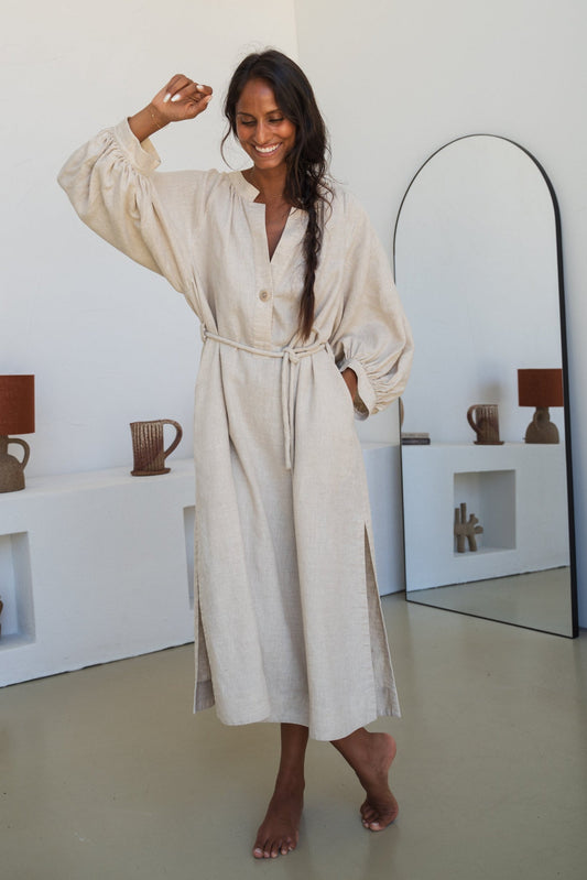 Mae Oatmeal Linen Dress